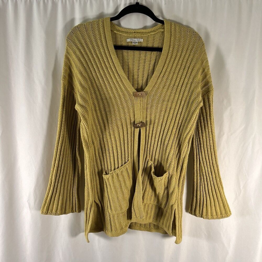 American Eagle Open Knit Sweater Women's XS Green V-Neck Long Sleeve Open Bottom